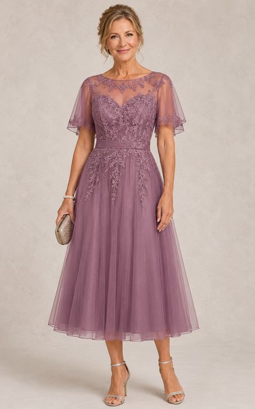 A-Line Tea-Length Bateau Short Sleeve Tulle Mother Dress with Lace