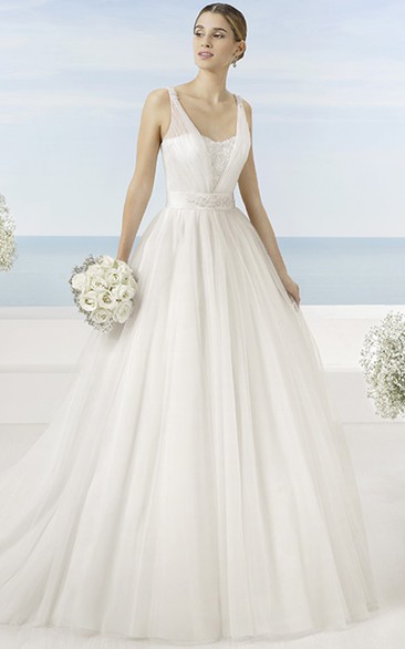A-Line Beaded Sleeveless Long V-Neck Tulle Wedding Dress With Bow And Low-V Back