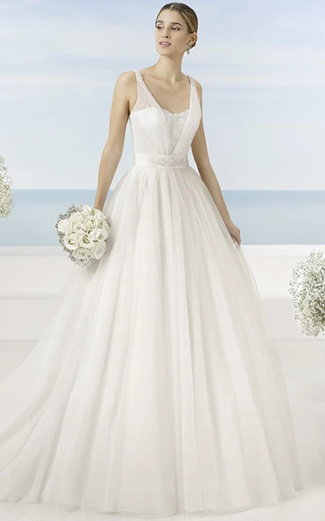 A-Line Beaded Sleeveless Long V-Neck Tulle Wedding Dress With Bow And Low-V Back