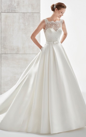 Scallop-neck A-line Wedding Dress with Lace Bodice and Satin Skirt