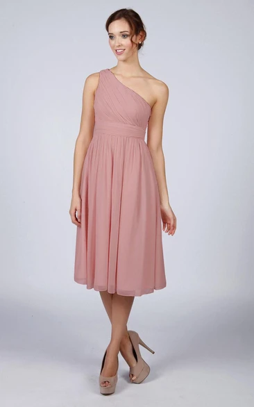 One Shoulder Pleated A-line Chiffon Tea Length Dress Dusky Pink