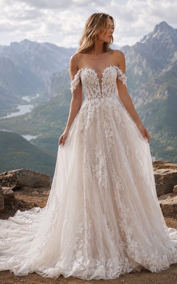 Off-the-Shoulder Boho Wedding Dress with 3D Floral Lace, Corset Bodice & Full A-Line Train