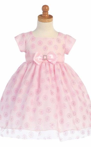 Tea-Length Cap-Sleeve Empire Bowed Tulle&Satin Flower Girl Dress