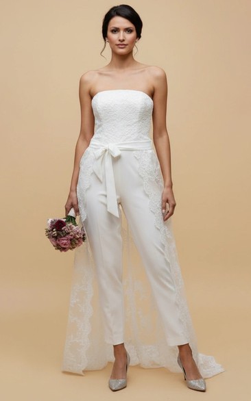 Strapless Lace Bridal Wedding Jumpsuit with Bow