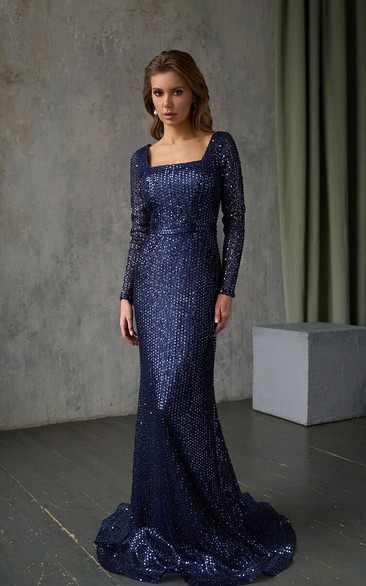 Sequin Square-neck Long Sleeve Sheath Beaded Evening Dress
