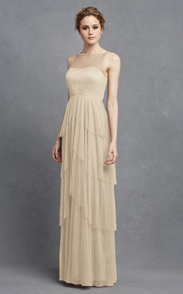 Tulle Sleeveless Long Dress With Keyhole And Tiers