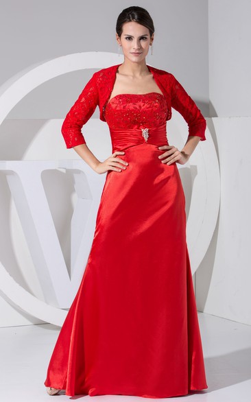 Flamboyant Satin Embroidered Long Dress With Ruched Waist