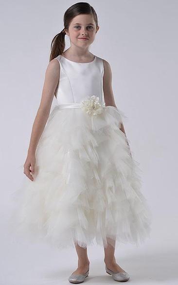 Floral Tiered Tulle&Satin Flower Girl Dress With Ruffles