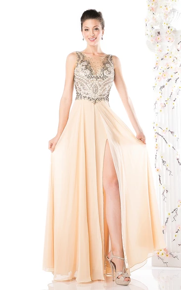 A-Line Long Bateau Sleeveless Chiffon Deep-V Back Dress With Split Front And Beading