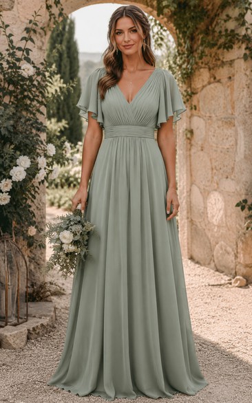Sage V-neck Flutter Sleeve Chiffon A-Line Dress