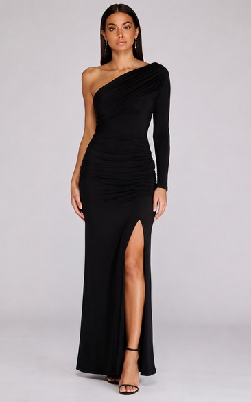 Jersey Evening Dress in Black, One-Shoulder Sheath Floor-Length Gown with Ruching