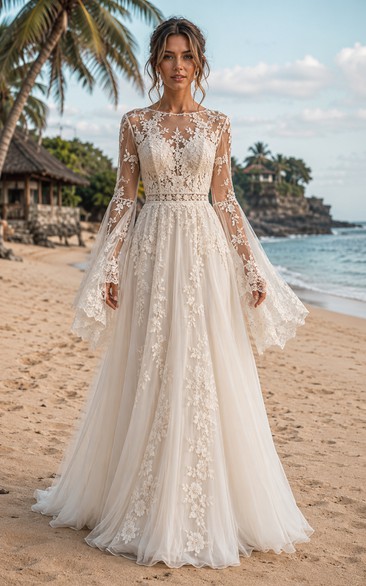 Boho Beach A-Line Wedding Dress Long Bell Sleeve Jewel Neck Tulle Lace Applique Floor Length Sweep Train Ivory
