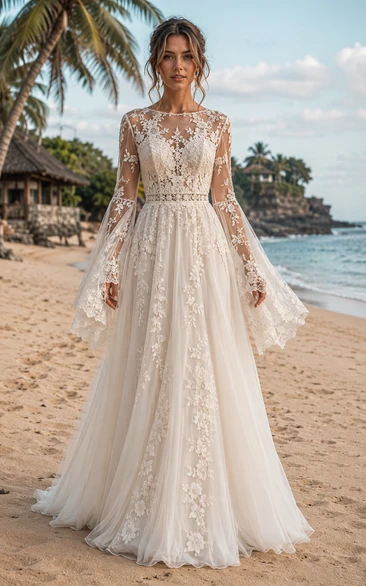 Boho Beach A-Line Wedding Dress Long Bell Sleeve Jewel Neck Tulle Lace Applique Floor Length Sweep Train Ivory