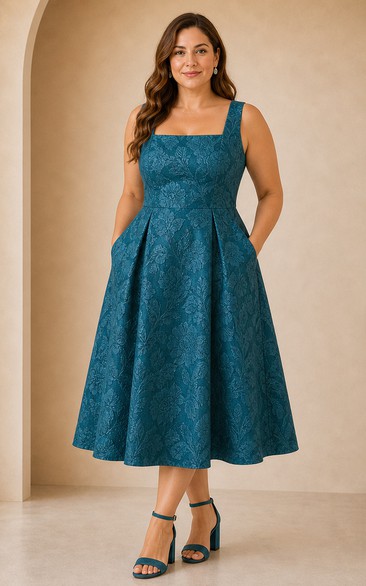 Plus Size Peacock Square Neck Tonal Lace Midi Dress