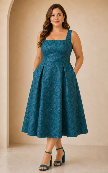 Plus Size Peacock Square Neck Tonal Lace Midi Dress