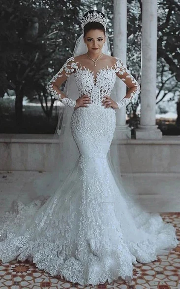 Modest Illusion Muslim Long Sleeve Mermaid Luxury Wedding Dress with Court Train