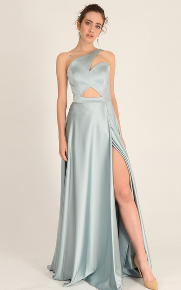 Elegant Floor-length Sleeveless Satin A Line Zipper Prom Dress with Split Front