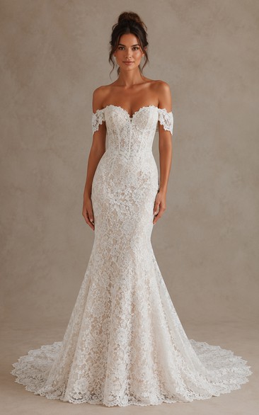 Off Shoulder Lace Mermaid Wedding Dress with Illusion Sleeves and Scalloped Train