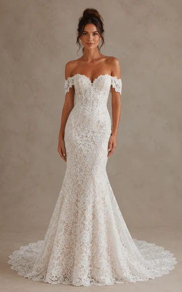 Off Shoulder Lace Mermaid Wedding Dress with Illusion Sleeves and Scalloped Train