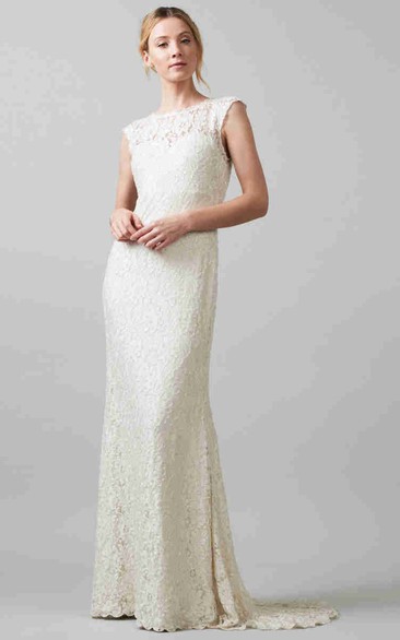 Sheath Long-Sleeveless Jewel-Neck Lace Wedding Dress With Brush Train