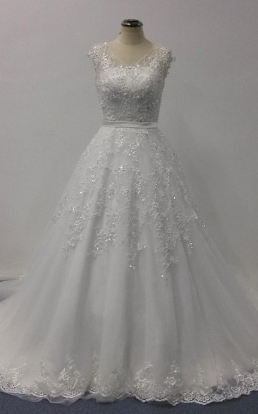 A-Line Ball Gown Short V-Neck Bell Cap Illusion Beading Appliques Sash Illusion Chapel Train Button Zipper Illusion Tulle Lace Sequins Satin Dress