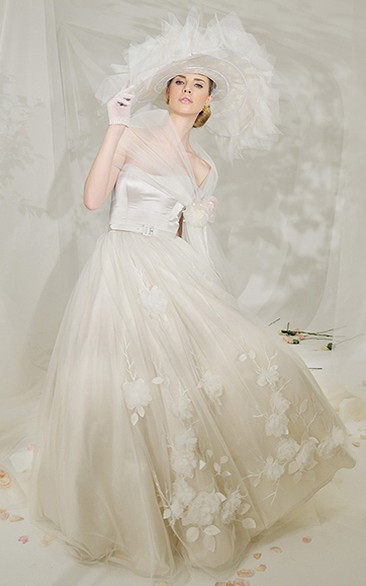 Long Floral Tulle Wedding Dress With Sweep Train And V Back