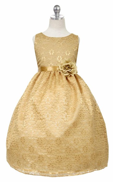 Midi Floral Bowed Tulle&Lace Flower Girl Dress With Sash