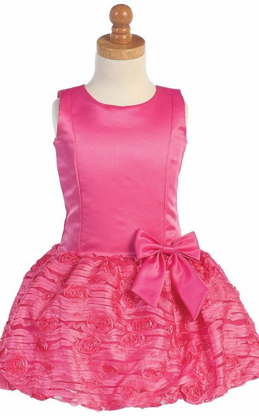 Tea-Length Bowed Tulle&Taffeta Flower Girl Dress With Embroidery