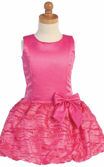Tea-Length Bowed Tulle&Taffeta Flower Girl Dress With Embroidery