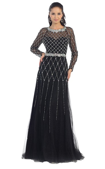 A-Line Jewel-Neck Long Sleeve Tulle Backless Dress With Beading