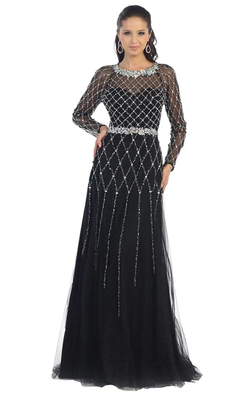 A-Line Jewel-Neck Long Sleeve Tulle Backless Dress With Beading