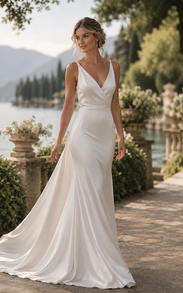 Simple Country Sleeveless V-neck Satin Chiffon Vow Renewal Dress