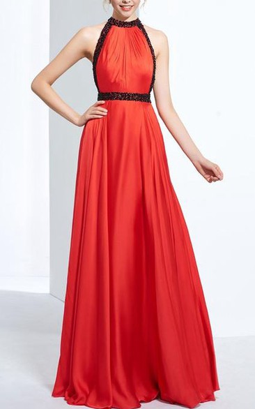 A-Line Halter Beading Draped Floor-Length Prom Dress