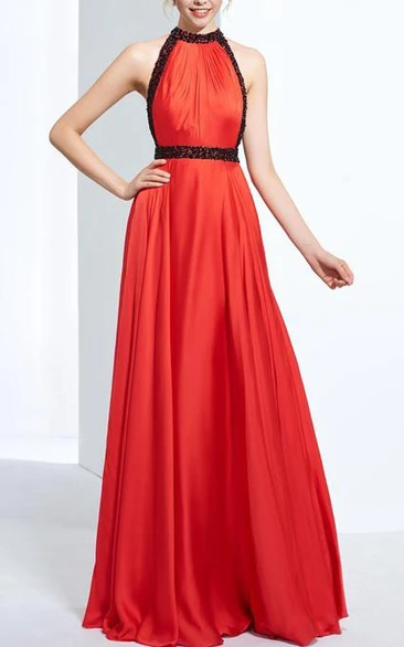 A-Line Halter Beading Draped Floor-Length Prom Dress