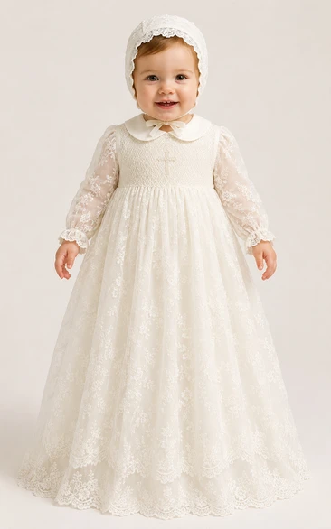 Baby Christening Gown Vintage Modest Princess Ball Gown Long Sleeve Illusion Tulle Lace Floor-Length with Bonnet in Ivory
