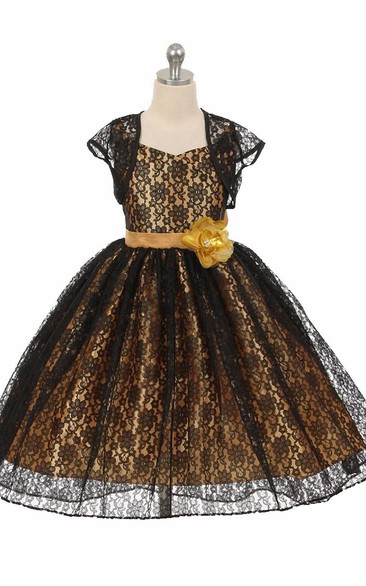 High-Low Criss-Cross Floral Lace Flower Girl Dress With Sash
