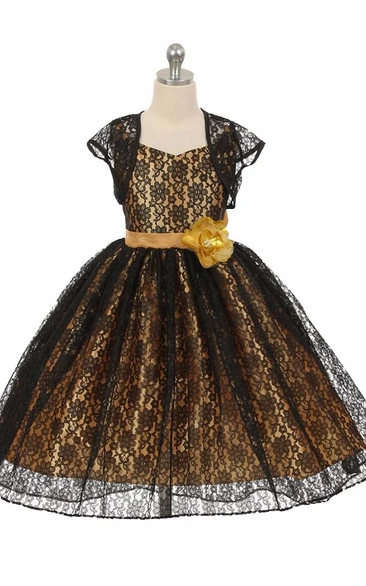 High-Low Criss-Cross Floral Lace Flower Girl Dress With Sash