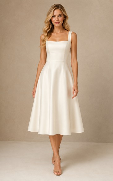 Robe de mariée civile en satin, longueur thé, coupe trapèze, col carré, bretelles larges, idéale pour une cérémonie au tribunal.