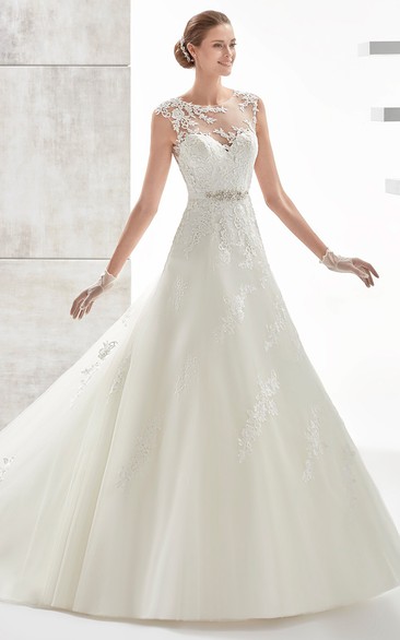 Jewel-neck A-line Wedding Dress With Beaded Belt and Illusive Design