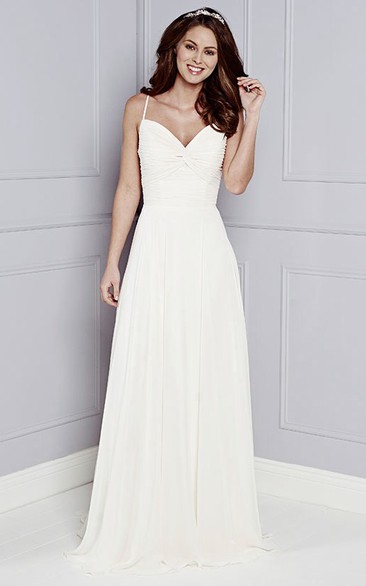 A-Line Spaghetti Sleeveless Ruched Floor-Length Chiffon Wedding Dress