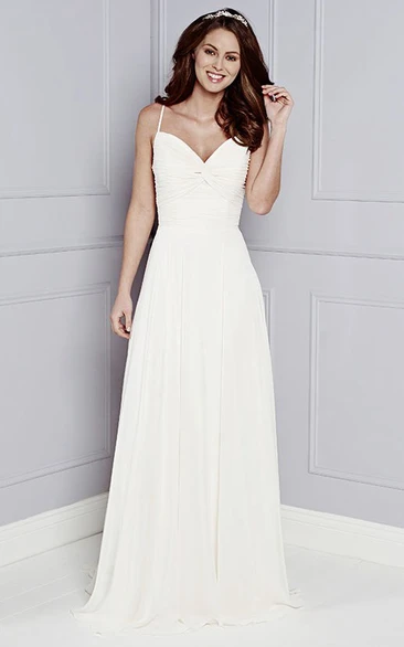 A-Line Spaghetti Sleeveless Ruched Floor-Length Chiffon Wedding Dress