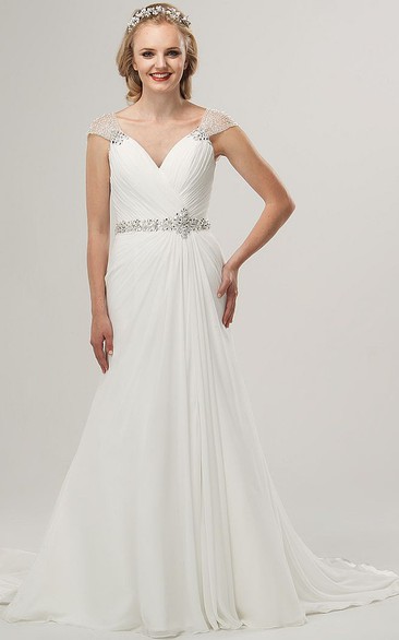 Beaded Cap-Sleeve V-Neck Chiffon Wedding Dress With Waist Jewellery And Criss Cross
