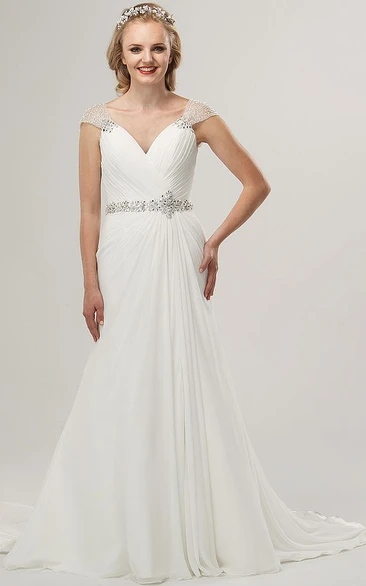Beaded Cap-Sleeve V-Neck Chiffon Wedding Dress With Waist Jewellery And Criss Cross