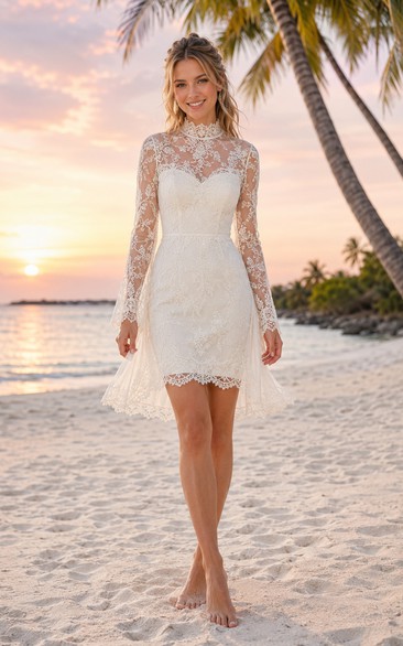 Langärmeliges, kurzes Strandhochzeitskleid aus Spitze mit transparentem Rückenausschnitt