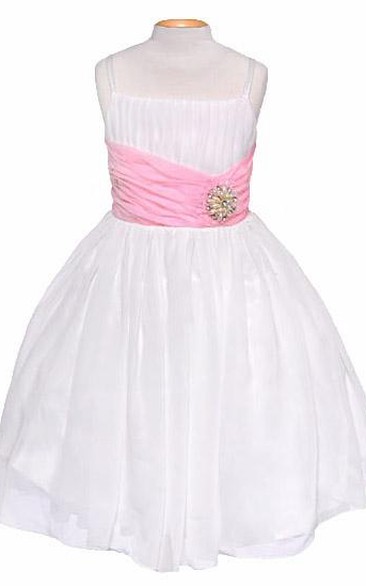 Spaghetti Tea-Length Pleated Chiffon&Sequins Flower Girl Dress With Tiers