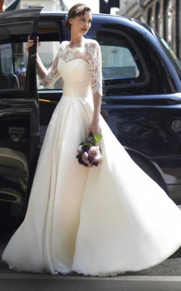 A-Line Half-Sleeve Long High Neck Tulle Modest Wedding Dress With Lace