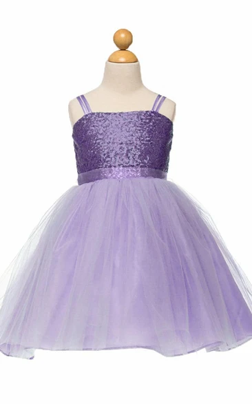Midi Spaghetti Tulle&Sequins Flower Girl Dress