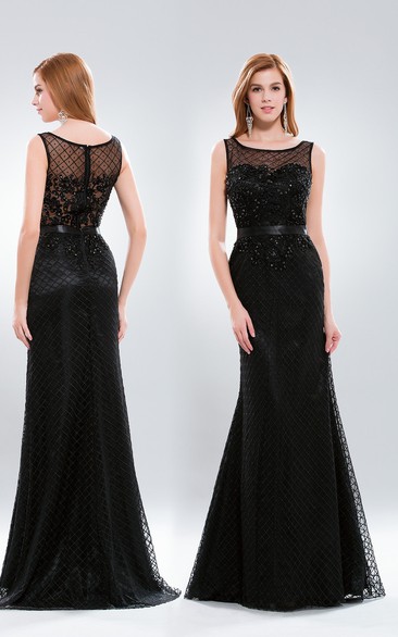 Sheath Bateau Sleeveless Lace Illusion Dress With Appliques And Sequins