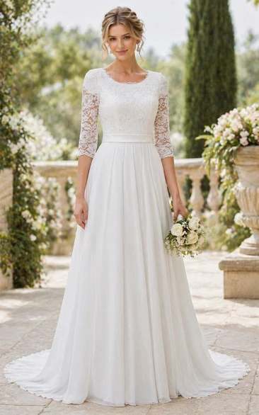 Informal Modest Beach Scoop Neck Lace Chiffon Wedding Dress With 3-4 Sleeves