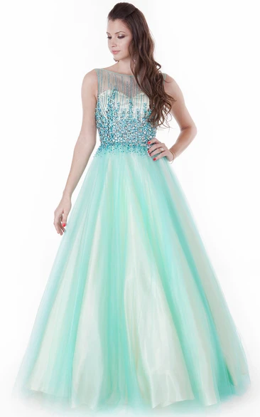 A-Line Floor-Length Beaded Jewel-Neck Sleeveless Tulle&Satin Prom Dress